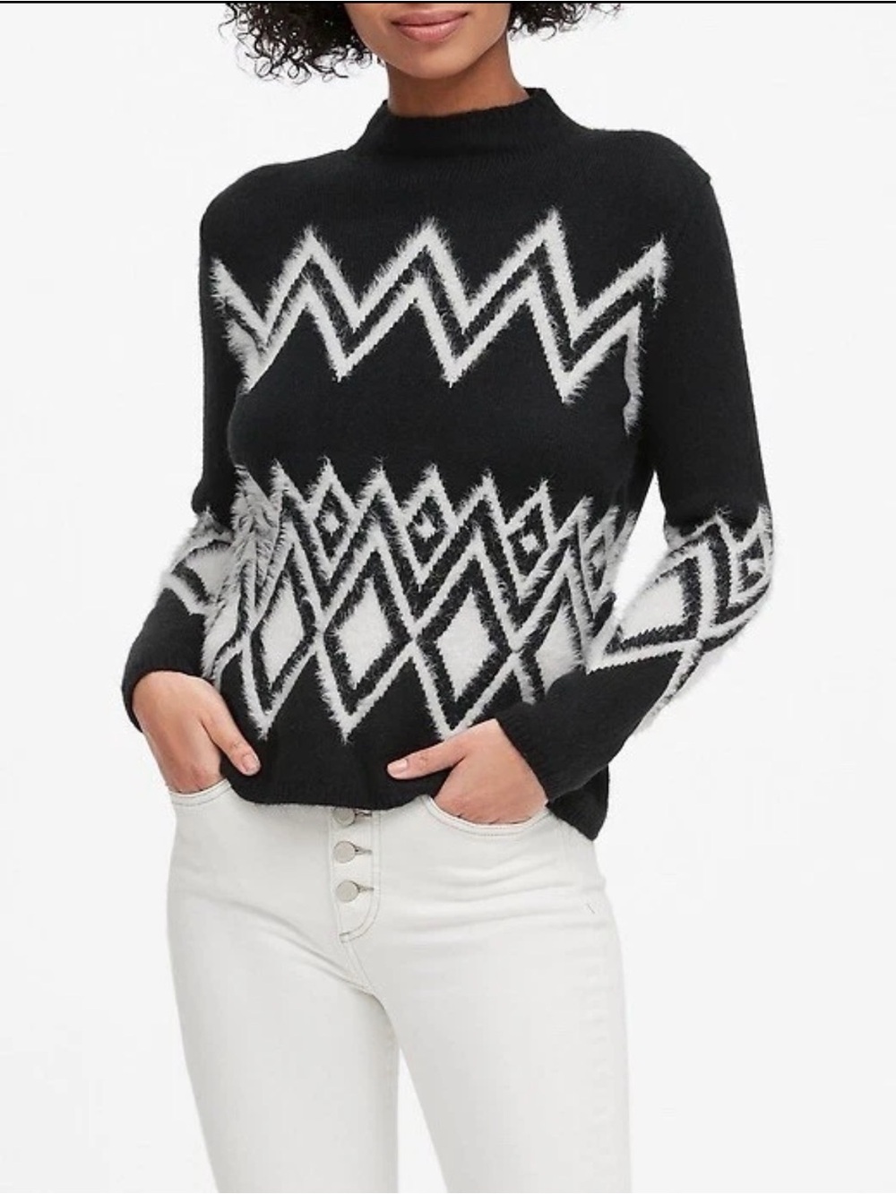 Banana Republic Modern Fair Isle Mock Neck Sweater Black White Medium Fuzzy Knit